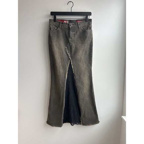 Vintage Guess Skirt Womens 26 Stretch Denim Maxi Lace Sheer Front Slit Y2K 90s - Picture 1 of 10